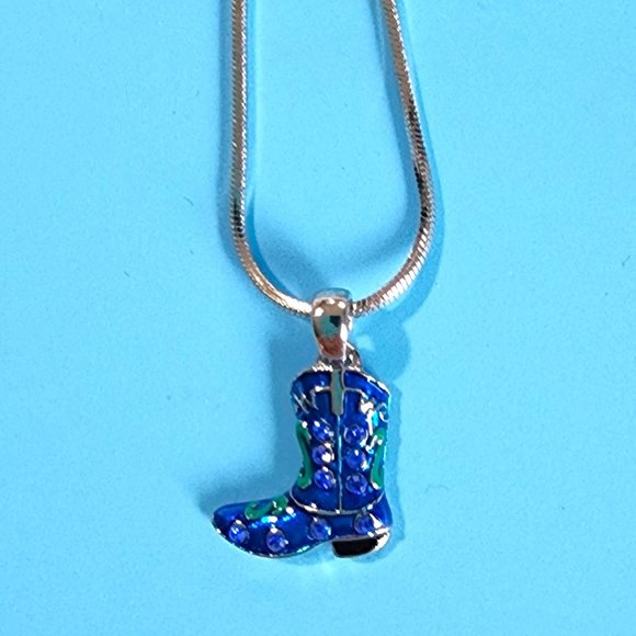 Cowboy Blue Green Boot Charm Pendant/Necklace/Rhinestone Crystal Hand Painted - Picture 6 of 10